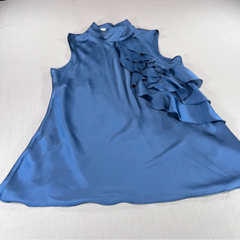 Kenar Women’s M Blue Satin Ruffle Front Sleeveless Top Mock Neck Blouse - Picture 11 of 13